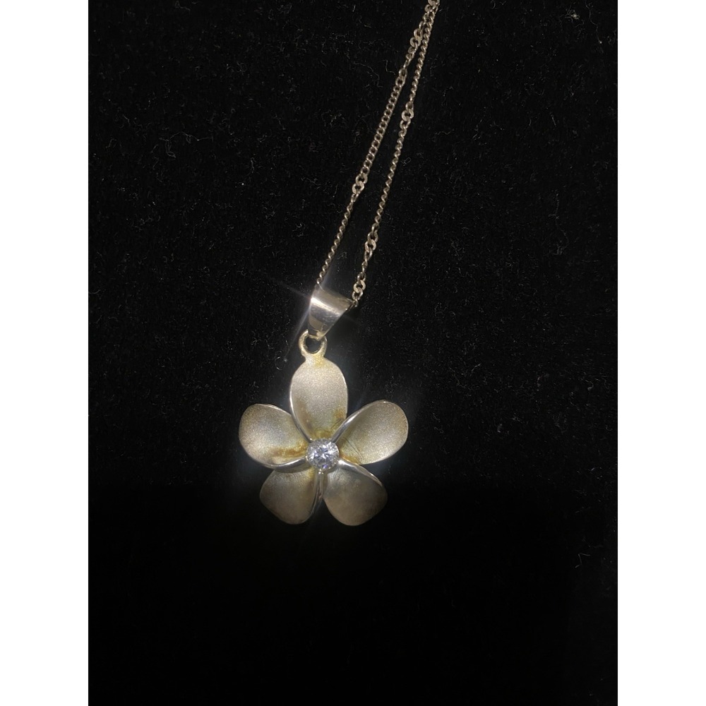 Sterling Silver Pendant 925 Plumeria Flower Necklace With Crystal Stone